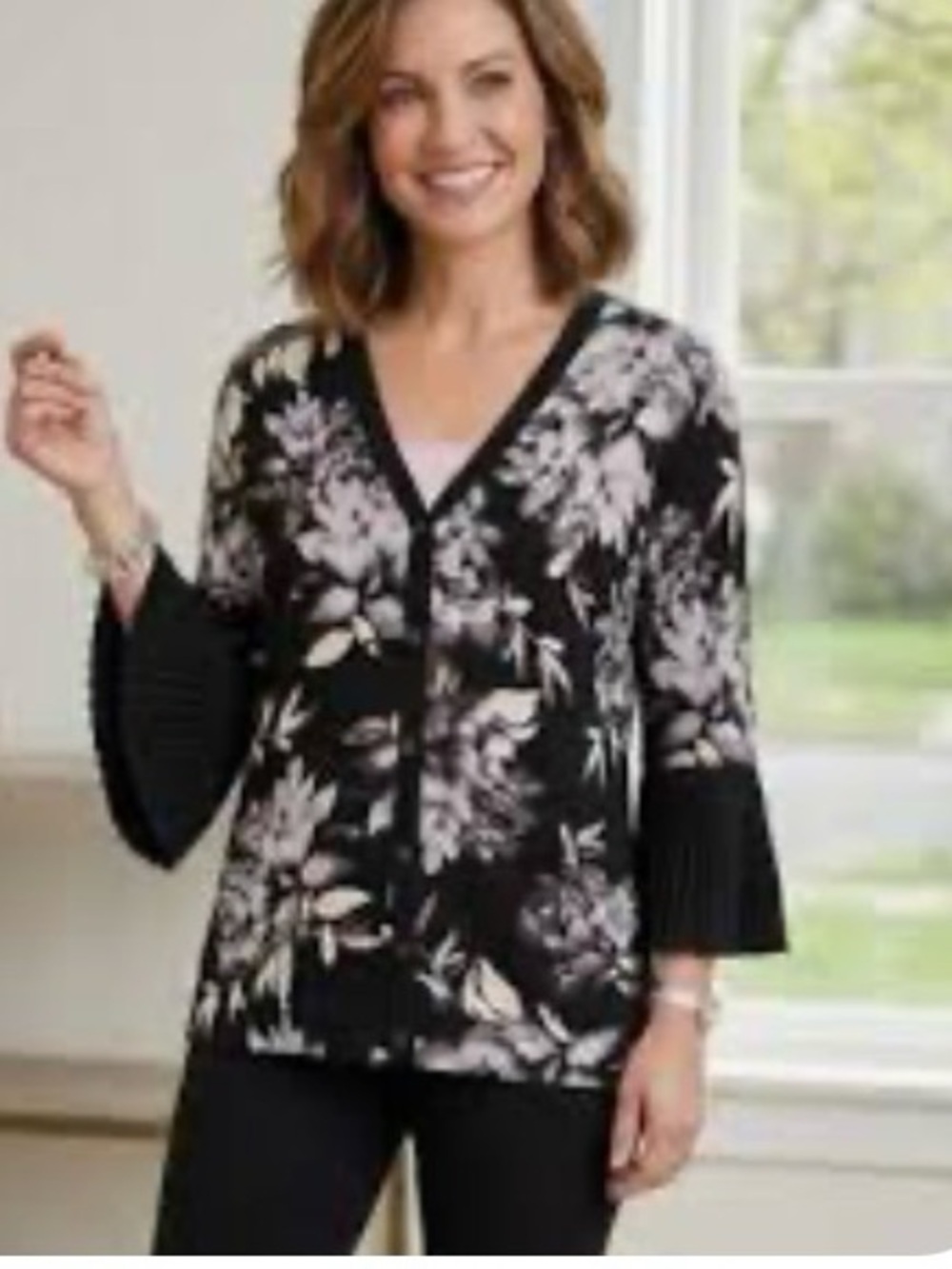 Isaac Mizrahi Black Floral Button-Front V-Neck Sweater XSmall NWT